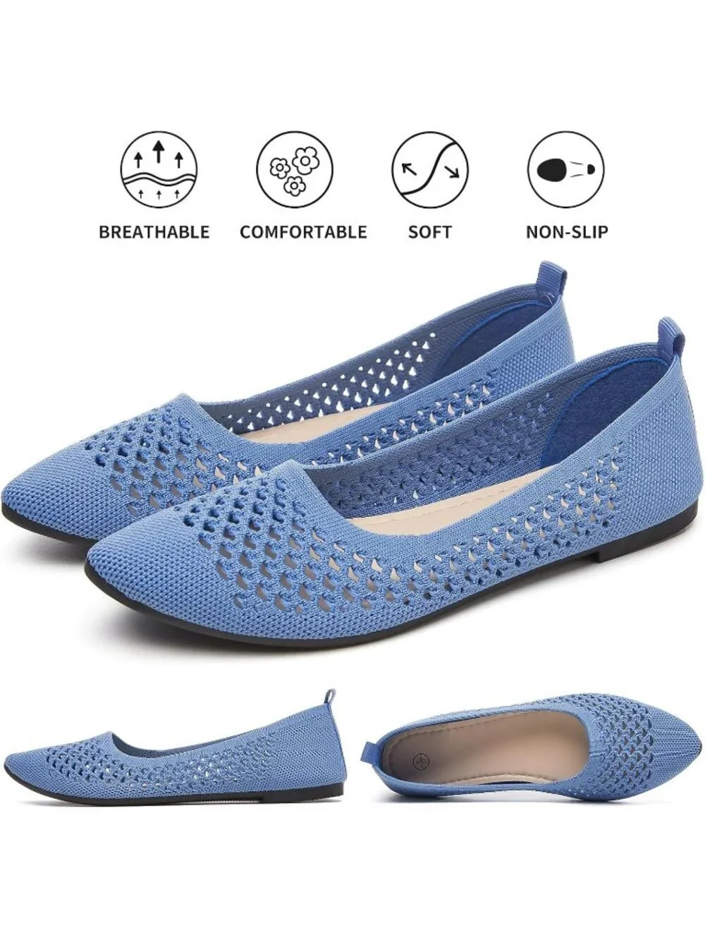 Women's Light Blue Comfortable Pointed Toe Slip On Business Casual Ballet Flats